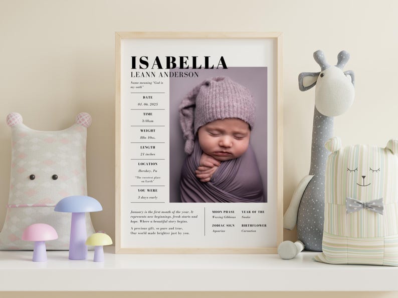 May include: A framed birth announcement featuring a baby's photo, name, and birth details. The baby is wrapped in a purple blanket and wearing a matching hat. The announcement includes the baby's name, date, time, weight, and length of 21 inches.