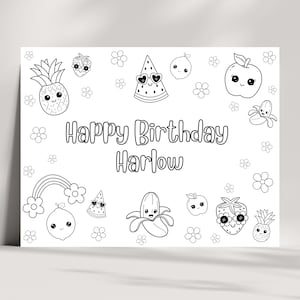 Happy Fruit Birthday Party Activity Sheet, Personalized Fruit Coloring Placemat, Kids Birthday Party Favor, Instant Download