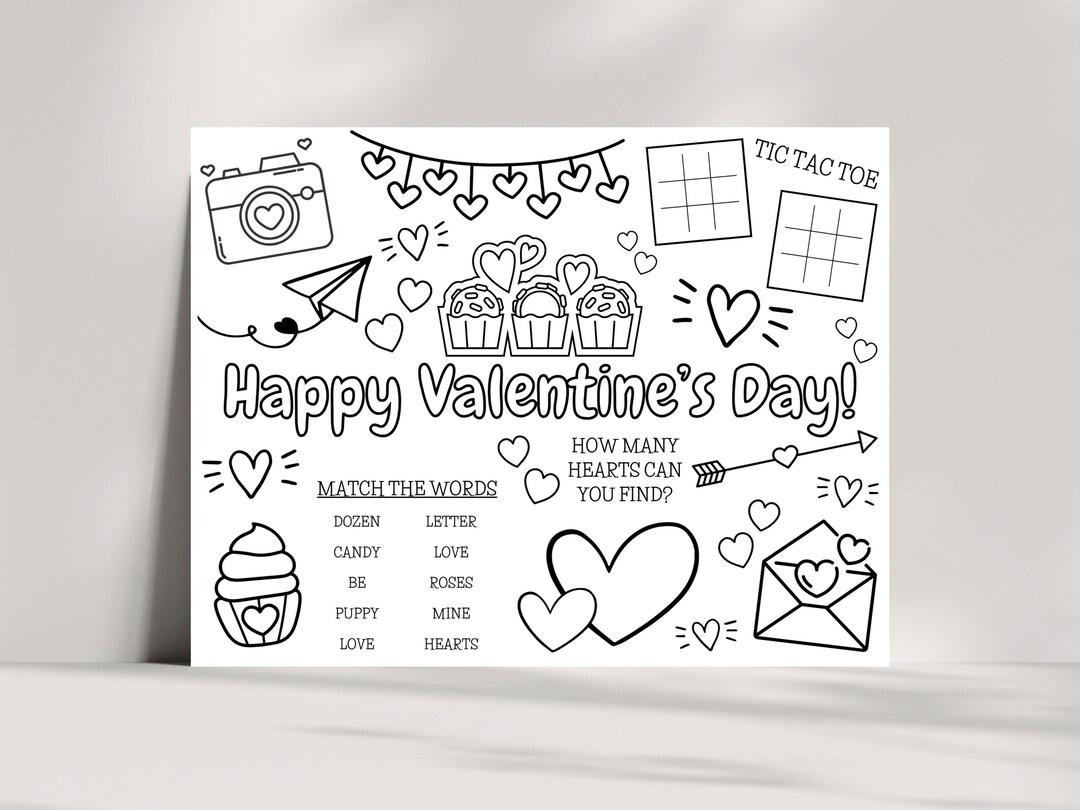 Valentines Day Coloring Placemat, Activity Sheet for Kids, Printable ...