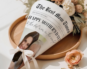 Envoltorio de flores de periódico personalizado para el Día de la Madre, regalo para mamá (plantilla de Canva)