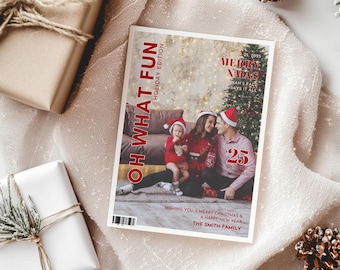 Magazine Cover Christmas Card Template | Family Photo | Modern Holiday Card | Instant Download