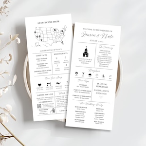 May include: Black and white wedding program with details about the ceremony, reception, and wedding party. The program includes a map of the United States with pins marking where guests came from, a list of wedding facts, and a timeline of the couple's love story.