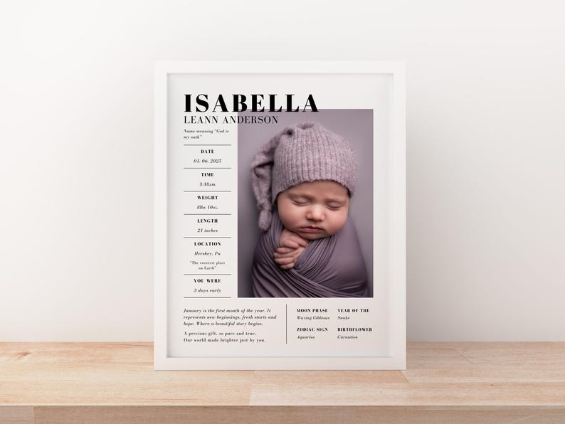 May include: A framed birth announcement featuring the name "ISABELLA" and details like date, time, weight (8lbs 10oz), and length (21 inches). The photo shows a newborn baby wrapped in a purple blanket and wearing a matching hat. The frame is white.