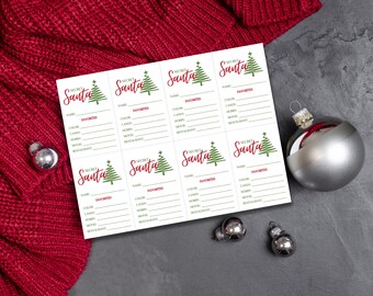 Puede incluir: Una hoja de tarjetas de intercambio de regalos de Secret Santa. Cada tarjeta tiene espacio para el nombre, los favoritos, el color, los dulces, el pasatiempo, la película y el restaurante. Las palabras "Secret Santa" están en escritura roja con un árbol de Navidad verde.