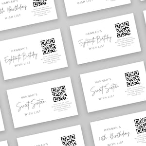 Wunschliste QR-Code-Karte, Geburtstagseinladung Einlegekarte, Geburtstagswunschliste, bearbeitbare Vorlage, Sofort-Download