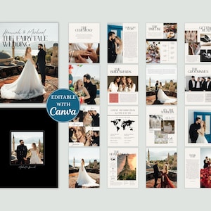 Könnte beinhalten: Eine Hochzeit Vorlage mit Märchen-Thema. Das Design beinhaltet Fotos von Braut und Bräutigam, zusammen mit dem Text "Hannah & Michael The Fairy Tale Wedding". Die Vorlage ist mit Canva editierbar.
