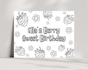 Strawberry Activity Sheet, Berry Sweet Personalized Coloring Page, Custom Party Favor, Instant Download