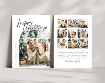 May include: A two-page holiday card with a family photo collage. The front features "Happy Holidays" in script, family photos, and the text "The Anderson Family | 2025". The back has a grid of family photos and a message.