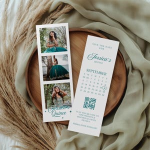 May include: A quinceañera save-the-date card featuring three photos of a young woman in a teal gown. The card includes a calendar for September, a QR code, and the text "Jessica's Quince". The card is on a wooden tray.