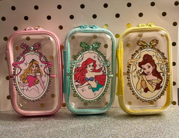 Disney Princess Inspired Clear Mini Size Travel Cosmetic Bag - Sparkly Fairytale Makeup Pouch - Gift for Her - Theme Park Organizer Case