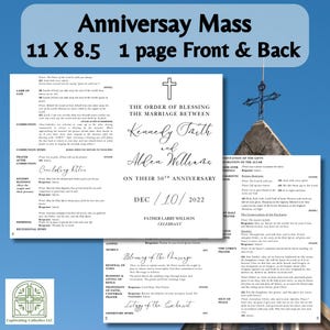 May include: A printed wedding anniversary mass program, 11 x 8.5 inches, with the text "Anniversary Mass" at the top. The program includes the order of blessing for the marriage between Kennedy Taith and Alden Williams on their 50th anniversary.