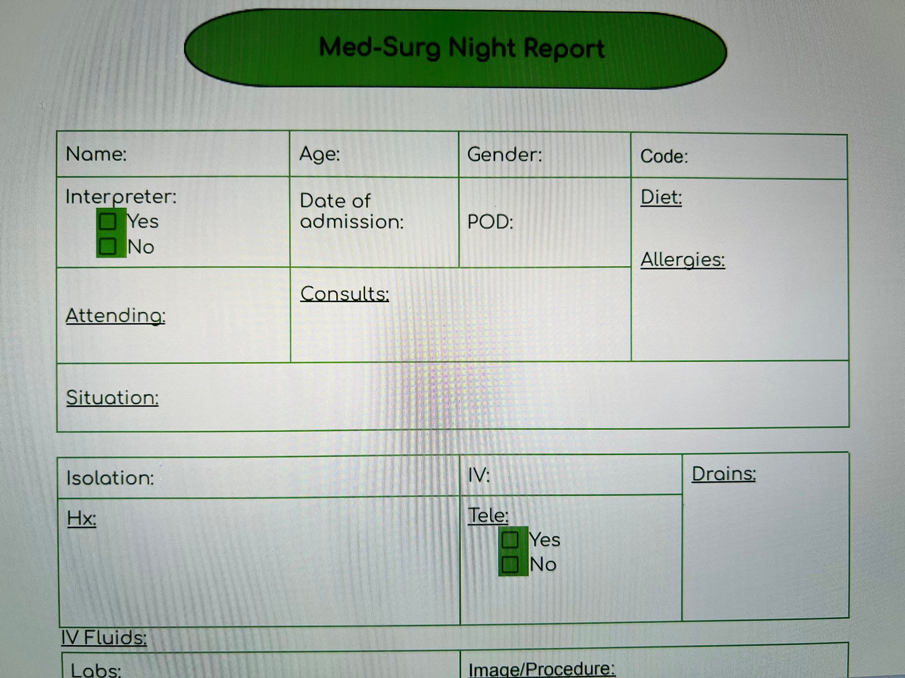 Med Surg Day Shift Report Sheet - Etsy