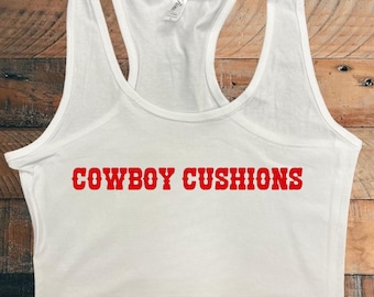 Cowboy Cushions Cropped Tank Top – Western Graphic Shirt – Funny Cowgirl Summer Crop – Southern Rodeo Country Tee for Women