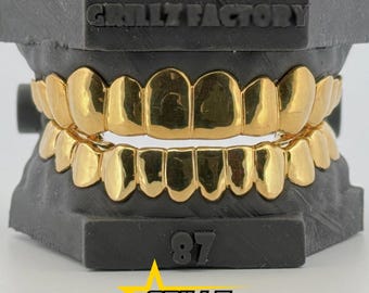 Custom Gold Grillz Full Set Top and Bottom, Solid Plain Gold Teeth Caps Handcrafted Hip Hop Dental Jewelry