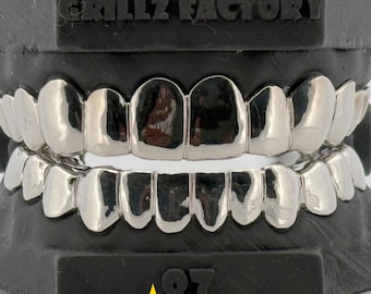 Custom White Gold Grillz, Icy Platinum Finish, 10K Gold, 925 Silver, Free Mold Kit