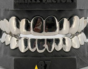 Custom Silver Grillz Full Set Top and Bottom, Solid Plain Silver Teeth Caps Handcrafted, Hip Hop Dental Jewelry Gift for Men Women
