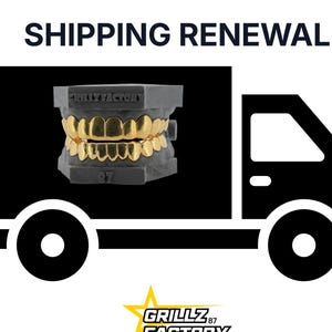 Może przedstawiać: Grafika przedstawiająca sylwetkę czarnej ciężarówki z napisem SHIPPING RENEWAL powyżej. Szary odlew dentystyczny ze złotymi nakładkami na zęby jest wyśrodkowany na ciężarówce, z napisem GRILLZ FACTORY i 87. Poniżej znajduje się żółte logo gwiazdy.