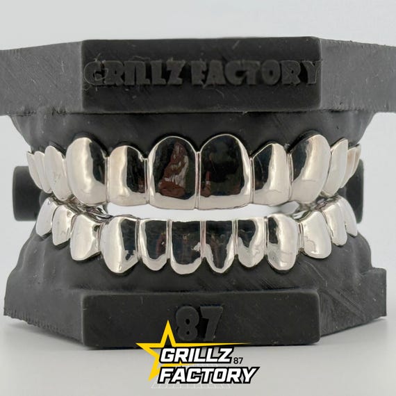 Custom Silver Grillz Full Set Top and Bottom, Solid Plain Silver Teeth Caps Handcrafted, Hip Hop Dental Jewelry Gift for Men Women
