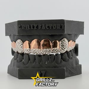 Rosegold Top und Iced Out Bottom Grillz, Glanz in jedem Lächeln, 10K Gold, 14K Gold, 925 Silber, freie permanente Schnitte, inklusive Form-Kit