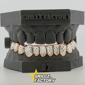 Benutzerdefinierte Rosenrahmen und weißer Diamant Staub und schneidet Grillz, 10K Gold, 14K Gold, 925 Silber, kostenlose Dauerwellenschnitte, Formenset inklusive, schneller Versand