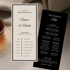 Old Money Wedding Program Template, Black Tie Wedding Itinerary,  Luxury Black & Ivory Champagne Minimalist Wedding Timeline, WS5