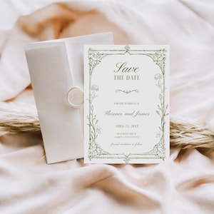 May include: A cream-colored wedding invitation with the text "Save the Date" and floral border. The invitation is accompanied by a matching envelope with a wax seal. The text includes the names Florence and James, and the date April 25, 20XX.