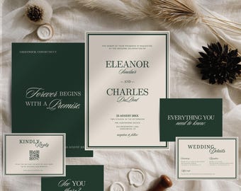 May include: Elegant wedding invitation suite featuring a main invitation, RSVP card, details card, and other inserts. The design includes dark green and cream-colored cards with elegant typography. The invitation reads "Forever begins with a promise."