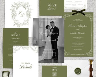 Sage Green Wedding Invitation Suite, Elegant Vintage Wedding Set, Old Money RSVP, Classic Barque Detail Card, Vellum Invite Set, WS7