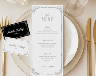 Plantilla de menú de boda de la vieja aristocracia, juego de menú de cena vintage en blanco y negro, elegantes tarjetas de lugar antiguas, papelería de boda victoriana, WS8