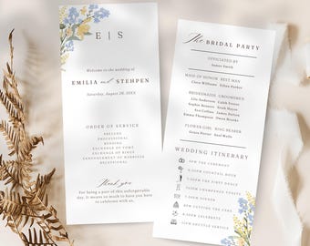 Wildflower Wedding Program Template, Dusty Blue & Yellow Floral (DIY Digital)