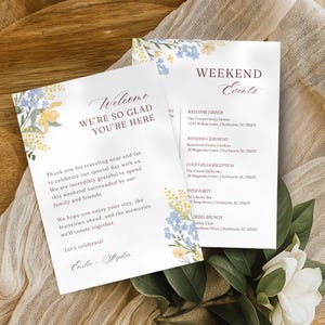Editable Wedding Weekend Events Program, Itinerary Card and Welcome Bag Note Insert Set, Dusty Blue & Yellow Modern Floral Stationary, WS1