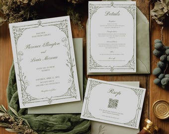 Vintage Sage Wedding Invitation Suite, Romantic Old Money Invite Set, Editable Printable Barque Floral Template, Classic Elegant Invite, WS6