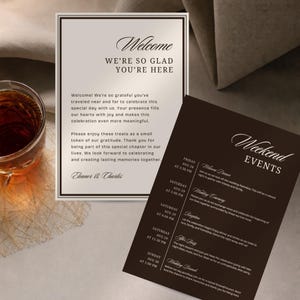 Old Money Wedding Welcome Bag Note, Espresso & Beige Wedding Itinerary Card Template, Canva Editable Welcome Letter, Hotel Guest Basket, WS2