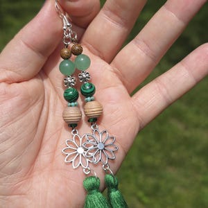 Forest Nymph Tassel Earrings – Green Boho Shoulder Dusters with Flower Charms & Assorted Beads