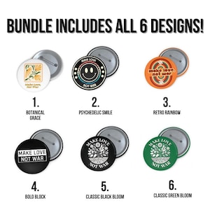 Make Love Not War Button Collection – Set of 6 Peace & Protest Pins | Bold, Retro, Earthy, and Soulful Designs