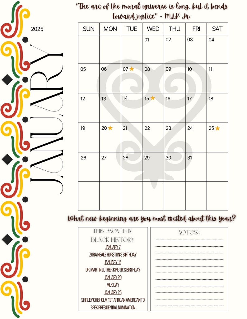 2025 January Cultural Legacy Digital Calendar & Journal Black History