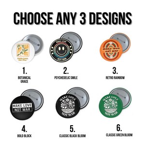 Make Love Not War Button Set – Choose Any 3 | Peace & Protest Pins | Bold, Groovy, Earthy, Retro Vibes