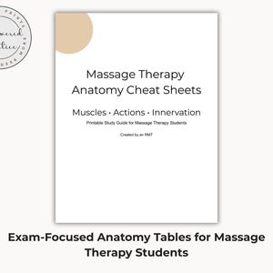 May include: A white sheet with the title "Massage Therapy Anatomy Cheat Sheets" and the subtitle "Muscles • Actions • Innervation." The text is for massage therapy students. The image also includes a logo and the text "Exam-Focused Anatomy Tables for Massage Therapy Students."