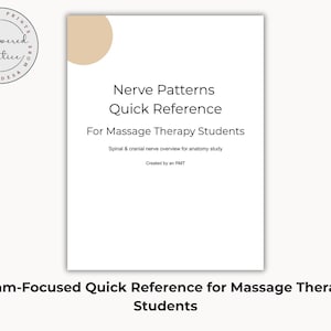 Puede incluir: Un papel blanco titulado "Nerve Patterns Quick Reference" para estudiantes de masoterapia. El texto incluye "Spinal & cranial nerve overview for anatomy study" y "Created by an RMT". La imagen también incluye el texto "Exam-Focused Quick Reference for Massage Therapy Students".