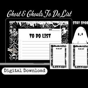 Könnte beinhalten: Ein digitaler Download einer druckbaren Halloween-To-Do-Liste mit einem schwarzen und weißen Spinnennetz-Design. Der Text "Ghost & Ghouls To Do List" und "Stay Spooky!" ist im Bild enthalten.