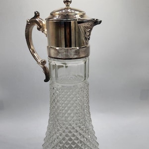 Elegant Eales FTG 1779 Silverplate Large/ Tall Claret Diamond Cut Glass Carafe (Heavy) | 1 1/2 Qt. Capacity | Made in Italy