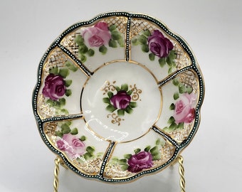 Vintage Elegance:  5x Nippon Hand-Painted Green/Pink/ Gold Rose Floral Small Bowls