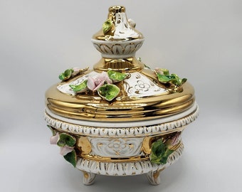 Ornate Hand-Painted Capodimonte-Style Porcelain Large Footed Jar (with Lid) with Beautiful Floral Detail and Gold Trim | Made in Italy*