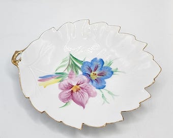 Gold Trimmed Pink & Blue Floral Small Trinket Leaf Shaped Dish | Made in Japan