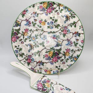 Beautiful Royal Tudor Ware Barker Bros England &quot;Bluebird & Roses&quot; Cake Plate and Serving Knife Set