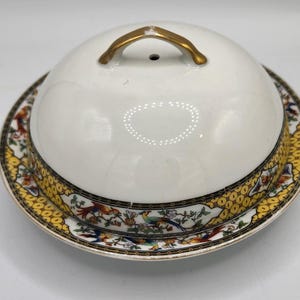 Vintage Victoria Czecho-Slovakia Round Covered Butter Dish with Lid- Bird Accents/ Gold Trim