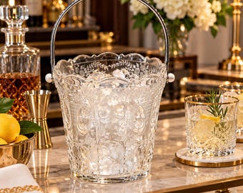 Elegant Cambridge Etched Glass Small Ice Bucket with Silver Handle