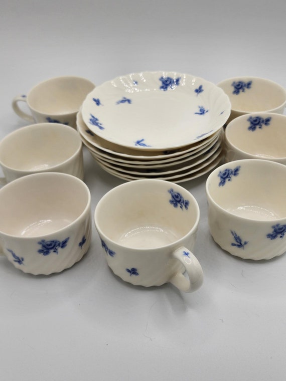 Japanese Marui Blue Floral Tea Cup Set 7x Tea Cups and Plates 