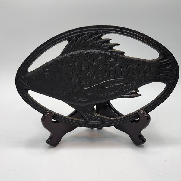 Vintage Cast Iron Black Trivet:  Fish Tripod