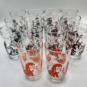 14x Vintage Kiddie Juice Glasses | Animal Cartoon Print | 6x Black, 6x Brown & 2x Orange